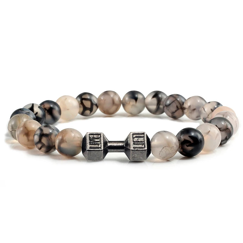 Pulsera de Piedra Volcánica Natural - Diseño Fitness con Charm de Mancuerna