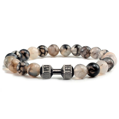 Pulsera de Piedra Volcánica Natural - Diseño Fitness con Charm de Mancuerna