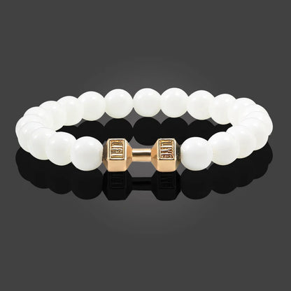 Pulsera de Piedra Volcánica Natural - Diseño Fitness con Charm de Mancuerna