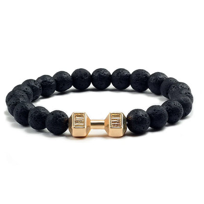 Pulsera de Piedra Volcánica Natural - Diseño Fitness con Charm de Mancuerna
