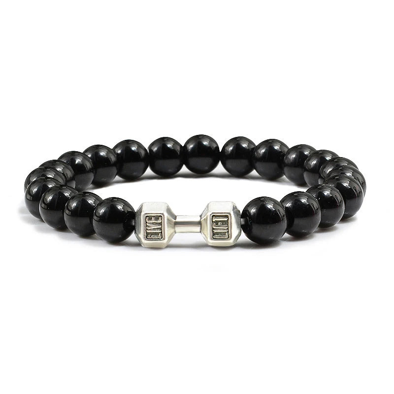 Pulsera de Piedra Volcánica Natural - Diseño Fitness con Charm de Mancuerna