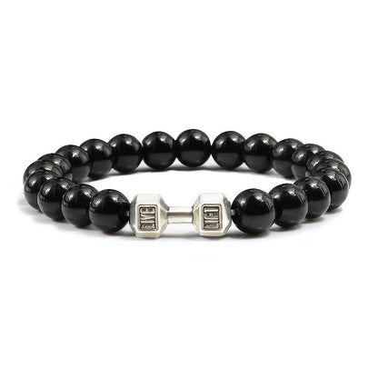 Pulsera de Piedra Volcánica Natural - Diseño Fitness con Charm de Mancuerna