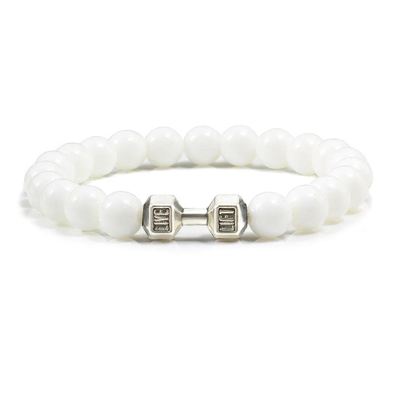 Pulsera de Piedra Volcánica Natural - Diseño Fitness con Charm de Mancuerna