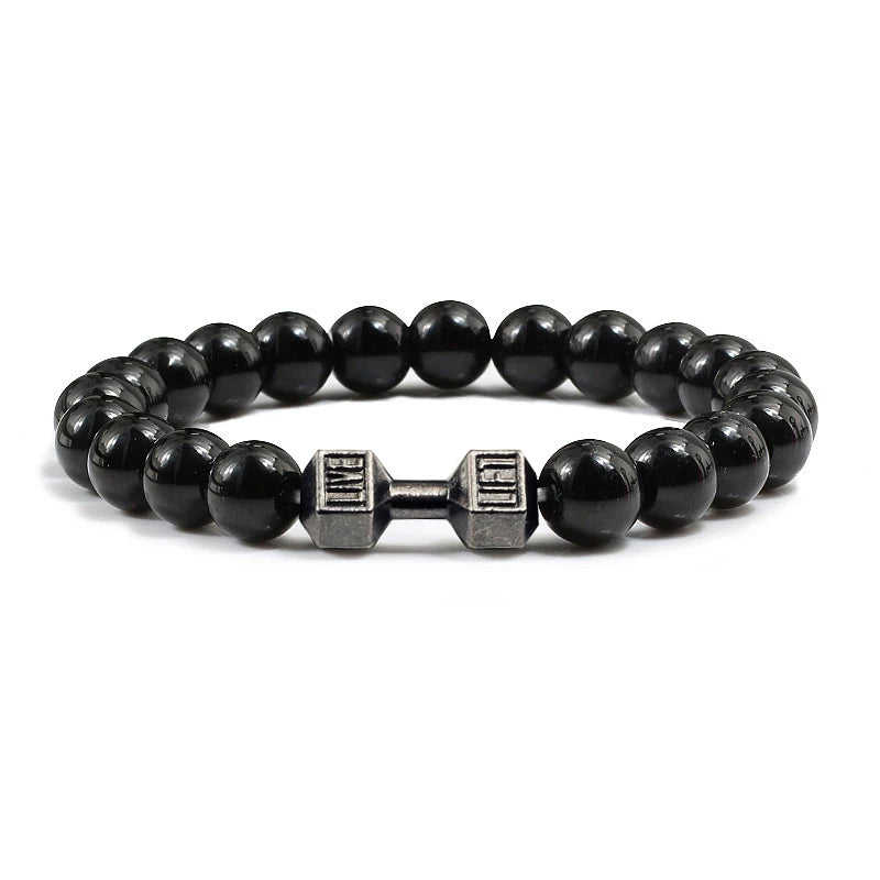 Pulsera de Piedra Volcánica Natural - Diseño Fitness con Charm de Mancuerna