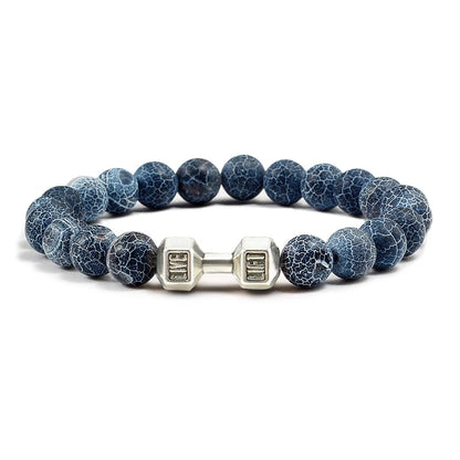 Pulsera de Piedra Volcánica Natural - Diseño Fitness con Charm de Mancuerna