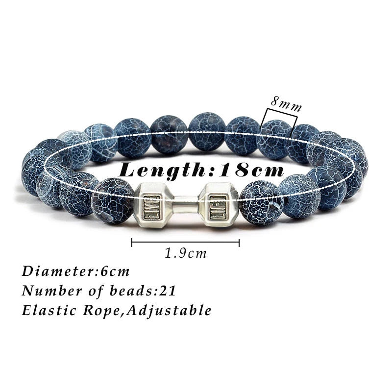Pulsera de Piedra Volcánica Natural - Diseño Fitness con Charm de Mancuerna