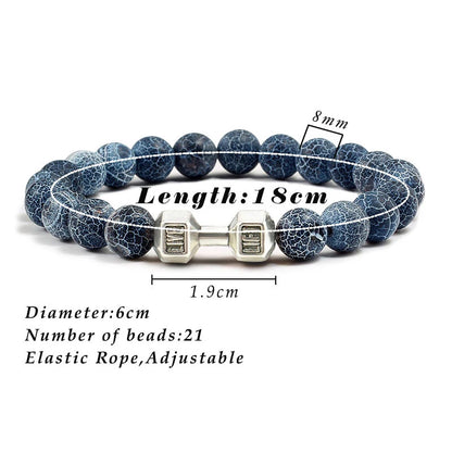 Pulsera de Piedra Volcánica Natural - Diseño Fitness con Charm de Mancuerna