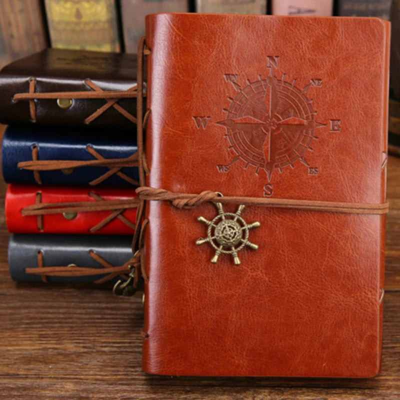 Vintage Leather Travel Journal - Spiral Notebook with Pirate Anchor Design - zyntrixe