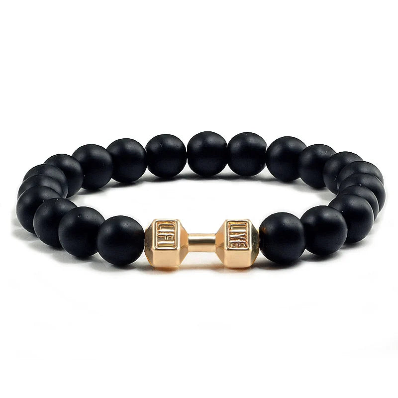 Pulsera de Piedra Volcánica Natural - Diseño Fitness con Charm de Mancuerna
