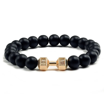 Pulsera de Piedra Volcánica Natural - Diseño Fitness con Charm de Mancuerna