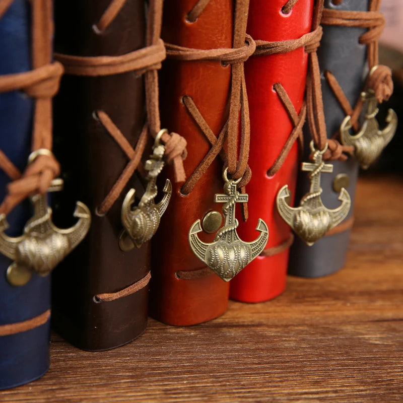 Vintage Leather Travel Journal - Spiral Notebook with Pirate Anchor Design - zyntrixe