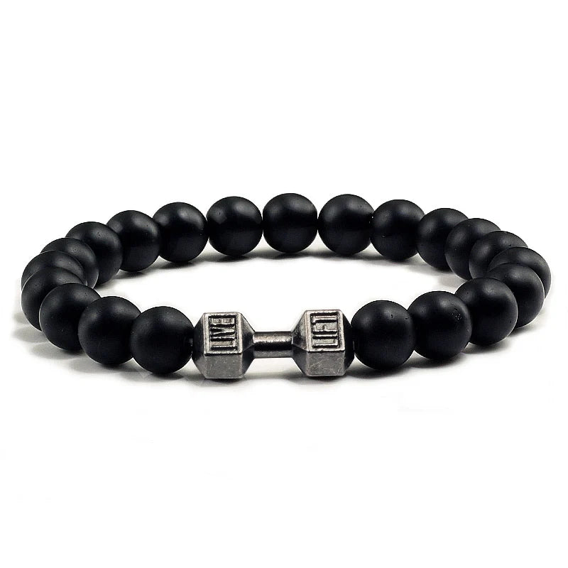 Pulsera de Piedra Volcánica Natural - Diseño Fitness con Charm de Mancuerna