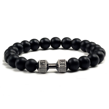 Pulsera de Piedra Volcánica Natural - Diseño Fitness con Charm de Mancuerna