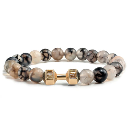 Pulsera de Piedra Volcánica Natural - Diseño Fitness con Charm de Mancuerna