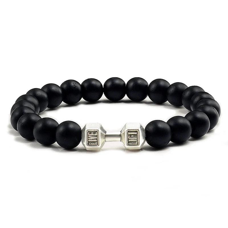 Pulsera de Piedra Volcánica Natural - Diseño Fitness con Charm de Mancuerna