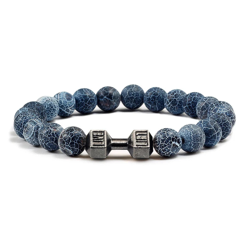 Pulsera de Piedra Volcánica Natural - Diseño Fitness con Charm de Mancuerna