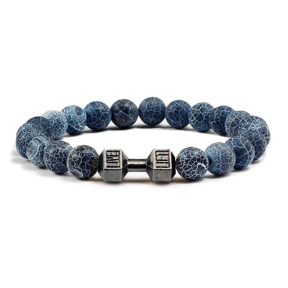 Pulsera de Piedra Volcánica Natural - Diseño Fitness con Charm de Mancuerna