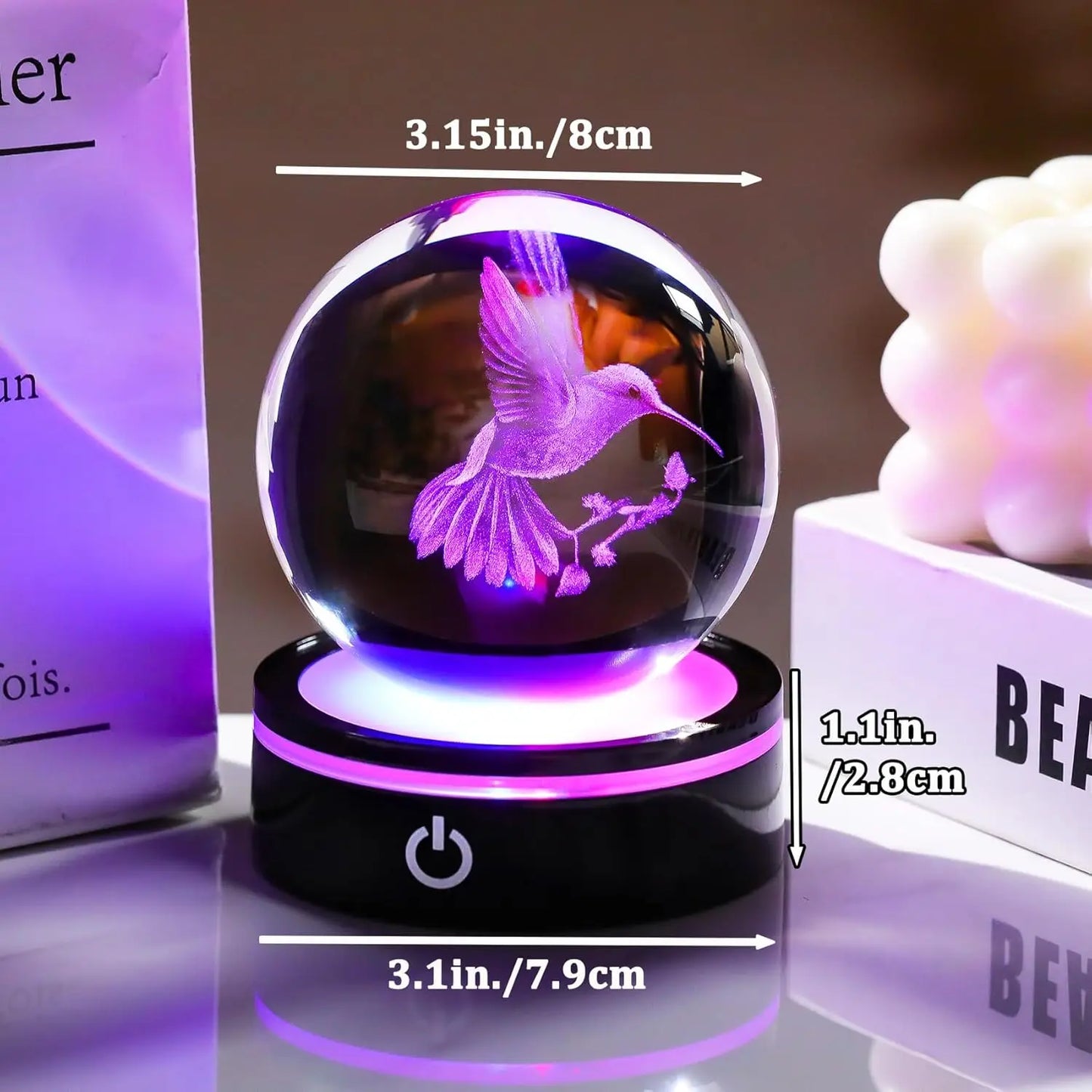 Bola Cristal 3D Colibrí LED Decorativa