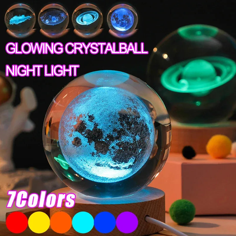 Bola de Cristal 3D con Luz LED - Sistema Solar Grabado con Láser - zyntrixe