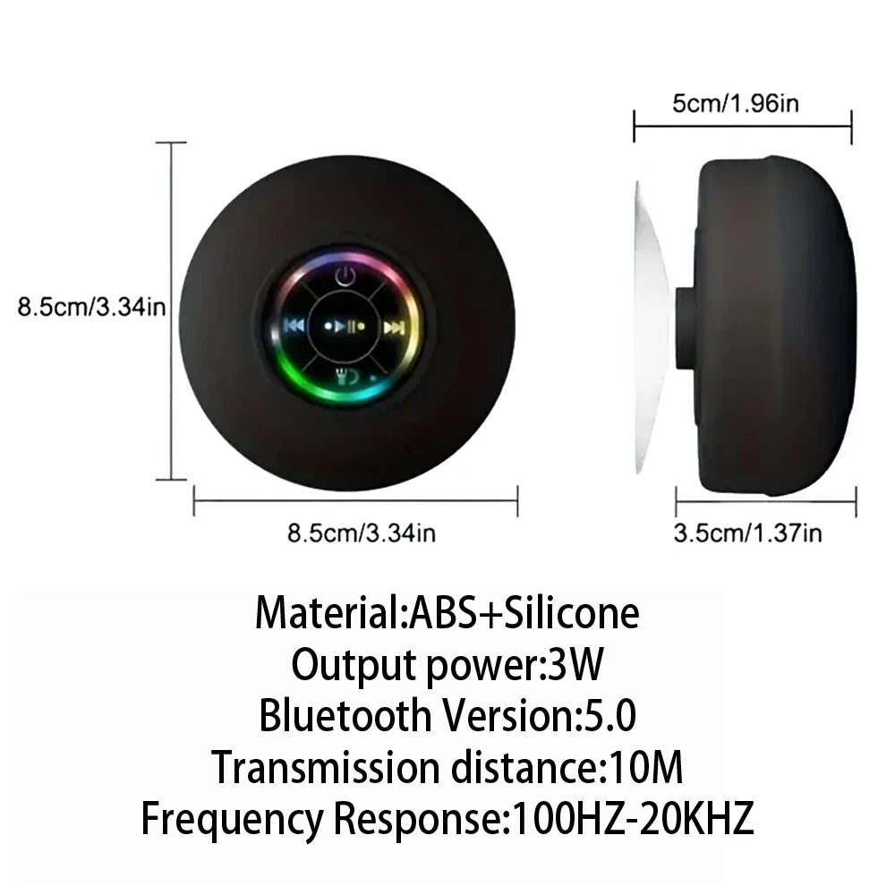 Portable Wireless Bluetooth Speaker IPX4 Waterproof with LED Light - Suction Cup for Bathroom & Outdoor