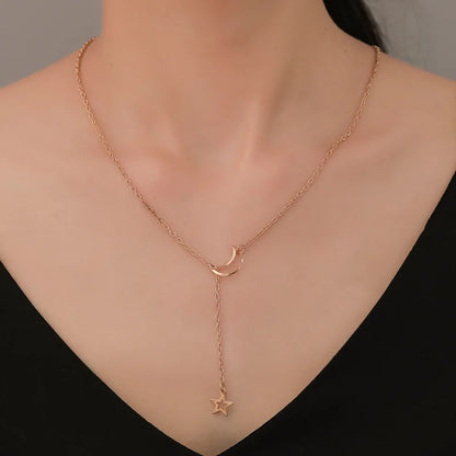 Moon & Star Pendant Choker Necklace - Gold Alloy Charm Chain - zyntrixe