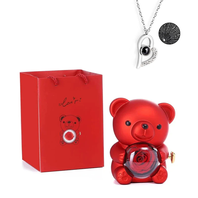 Rosa Eterna Preservada con Osito en Caja - Regalo Romántico Aniversario Boda - zyntrixe