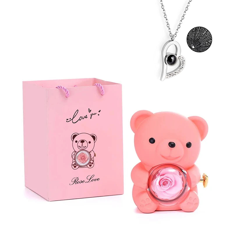 Rosa Eterna Preservada con Osito en Caja - Regalo Romántico Aniversario Boda - zyntrixe