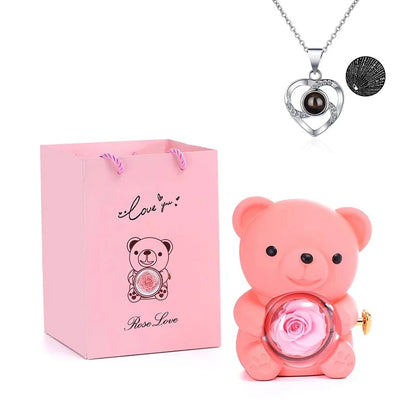 Rosa Eterna Preservada con Osito en Caja - Regalo Romántico Aniversario Boda - zyntrixe