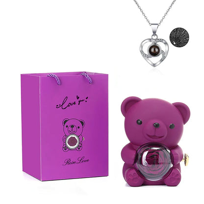 Rosa Eterna Preservada con Osito en Caja - Regalo Romántico Aniversario Boda - zyntrixe