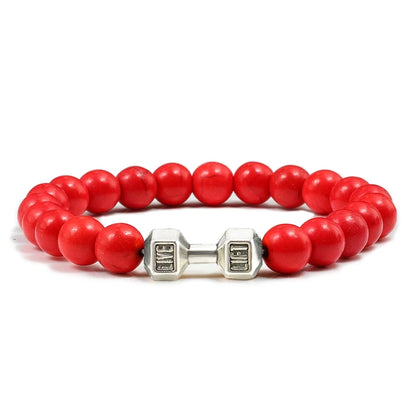 Pulsera de Piedra Volcánica Natural - Diseño Fitness con Charm de Mancuerna