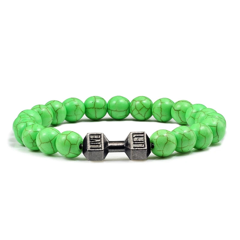 Pulsera de Piedra Volcánica Natural - Diseño Fitness con Charm de Mancuerna