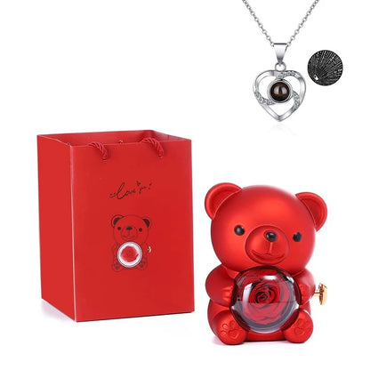Rosa Eterna Preservada con Osito en Caja - Regalo Romántico Aniversario Boda - zyntrixe