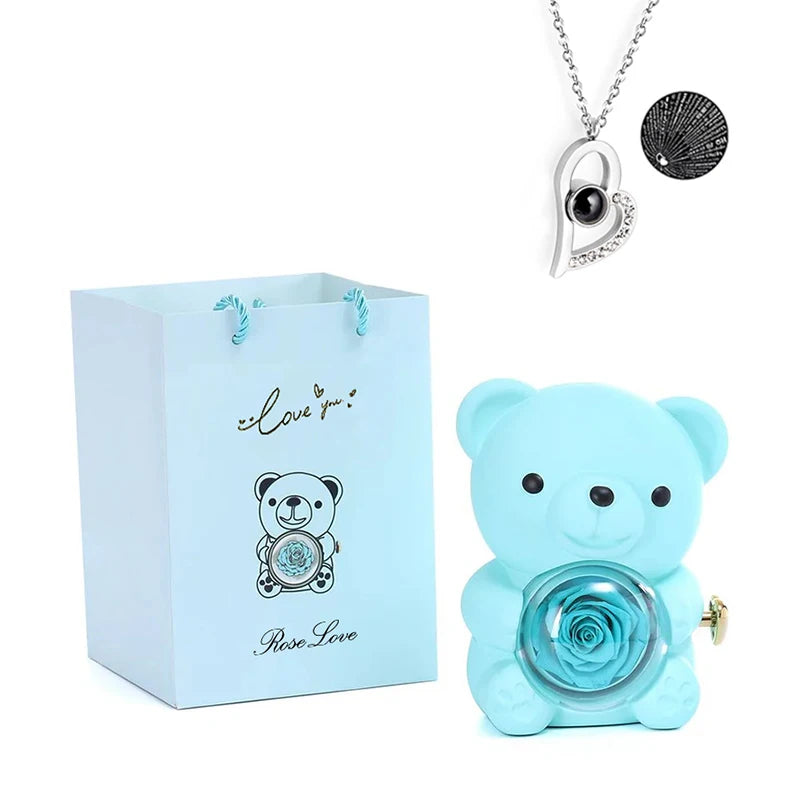 Rosa Eterna Preservada con Osito en Caja - Regalo Romántico Aniversario Boda - zyntrixe