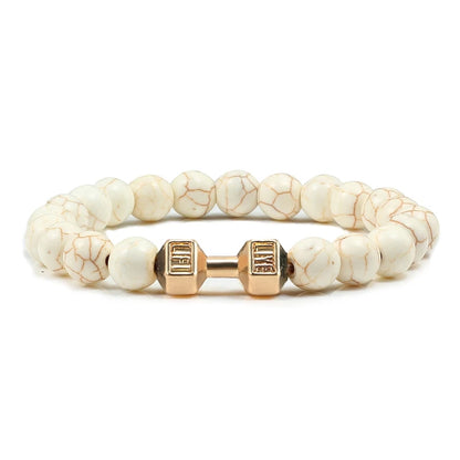Pulsera de Piedra Volcánica Natural - Diseño Fitness con Charm de Mancuerna
