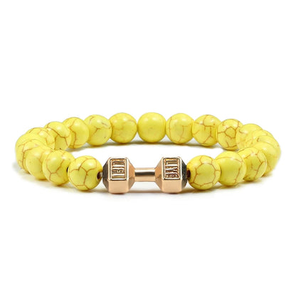 Pulsera de Piedra Volcánica Natural - Diseño Fitness con Charm de Mancuerna