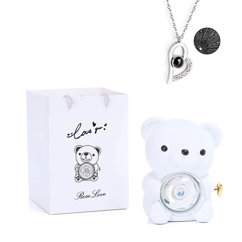 Rosa Eterna Preservada con Osito en Caja - Regalo Romántico Aniversario Boda - zyntrixe
