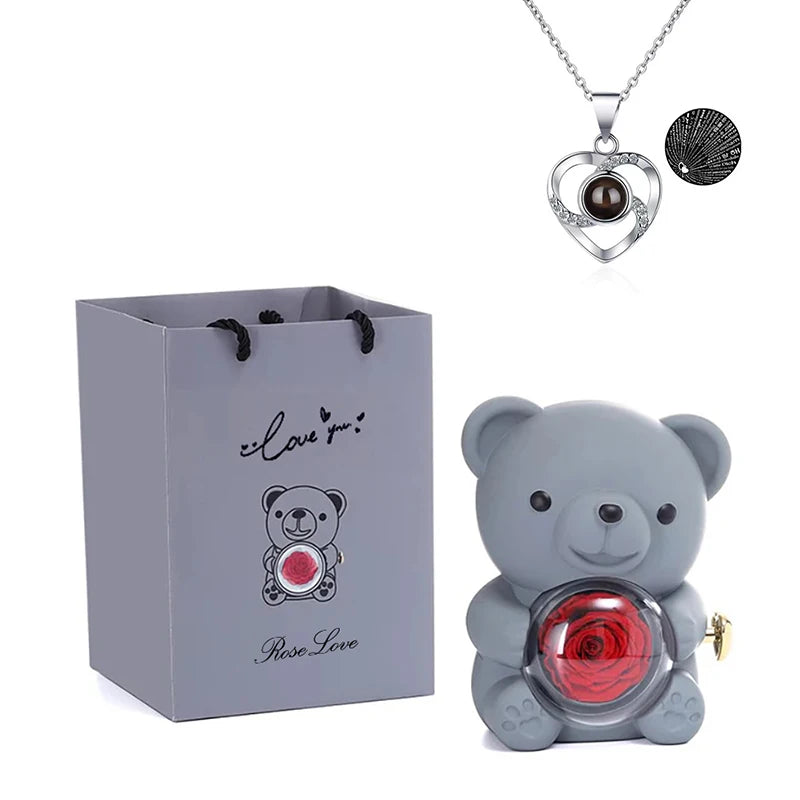 Rosa Eterna Preservada con Osito en Caja - Regalo Romántico Aniversario Boda - zyntrixe