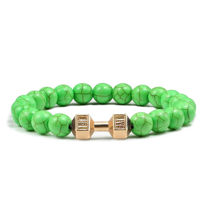 Pulsera de Piedra Volcánica Natural - Diseño Fitness con Charm de Mancuerna