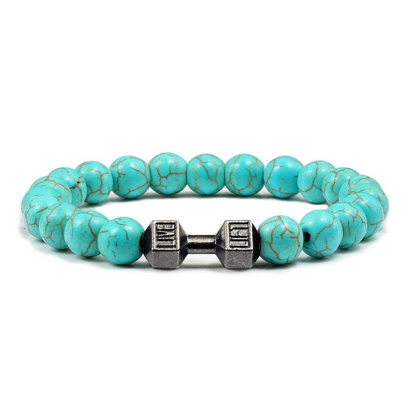 Pulsera de Piedra Volcánica Natural - Diseño Fitness con Charm de Mancuerna