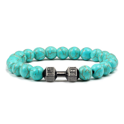 Pulsera de Piedra Volcánica Natural - Diseño Fitness con Charm de Mancuerna