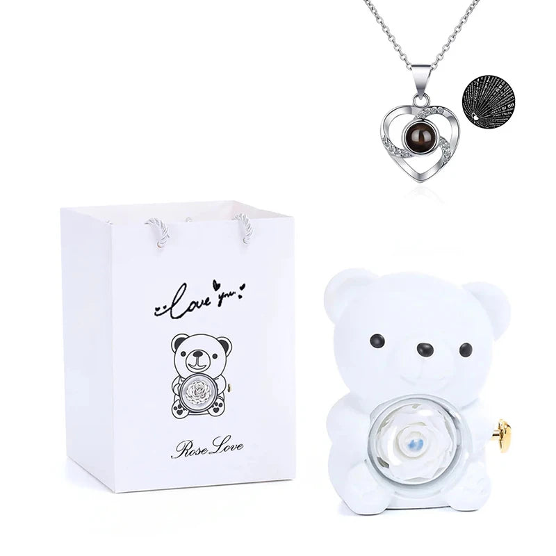 Rosa Eterna Preservada con Osito en Caja - Regalo Romántico Aniversario Boda - zyntrixe