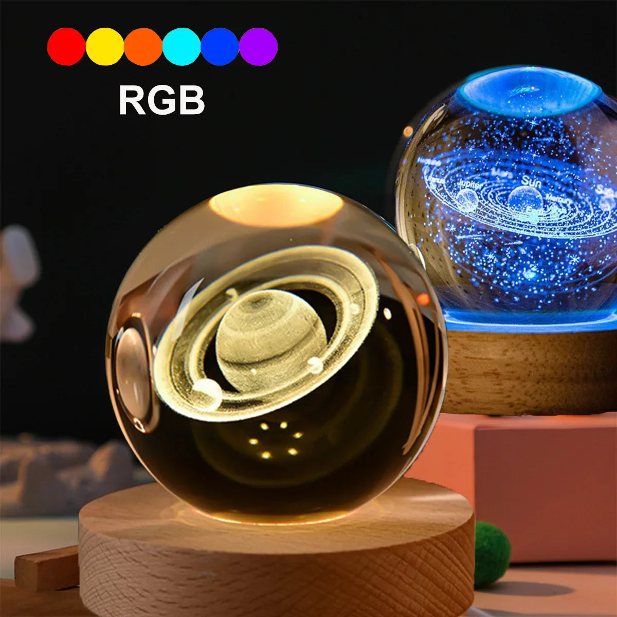 Bola de Cristal 3D con Luz LED - Sistema Solar Grabado con Láser - zyntrixe