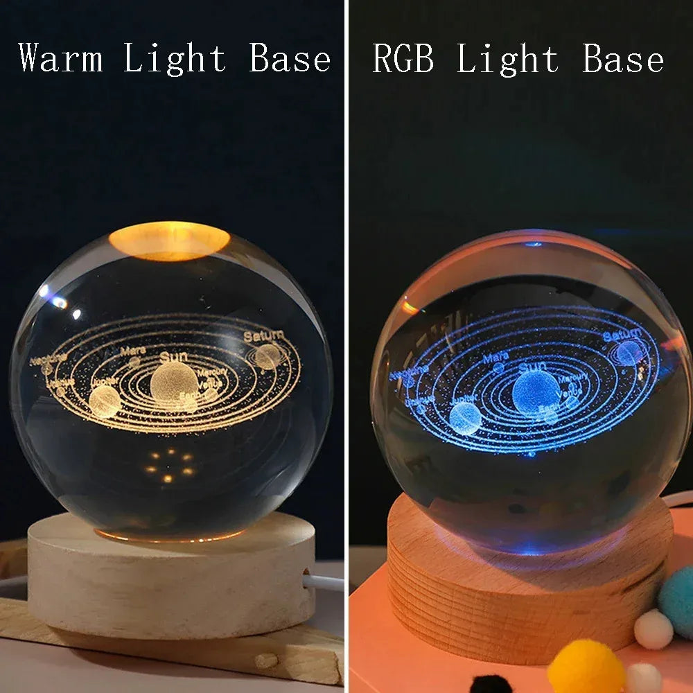 Bola de Cristal 3D con Luz LED - Sistema Solar Grabado con Láser - zyntrixe