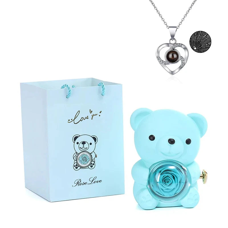 Rosa Eterna Preservada con Osito en Caja - Regalo Romántico Aniversario Boda - zyntrixe