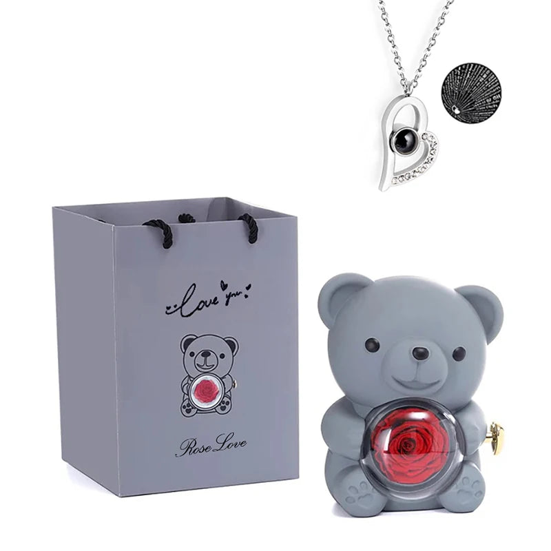Rosa Eterna Preservada con Osito en Caja - Regalo Romántico Aniversario Boda - zyntrixe