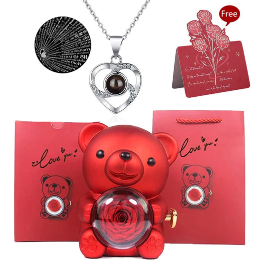 Rosa Eterna Preservada con Osito en Caja - Regalo Romántico Aniversario Boda - zyntrixe