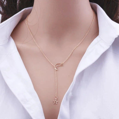 Moon & Star Pendant Choker Necklace - Gold Alloy Charm Chain - zyntrixe