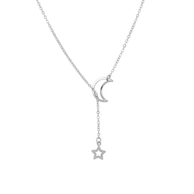 Moon & Star Pendant Choker Necklace - Gold Alloy Charm Chain - zyntrixe