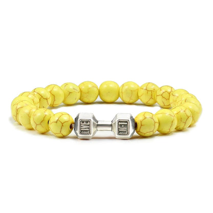 Pulsera de Piedra Volcánica Natural - Diseño Fitness con Charm de Mancuerna