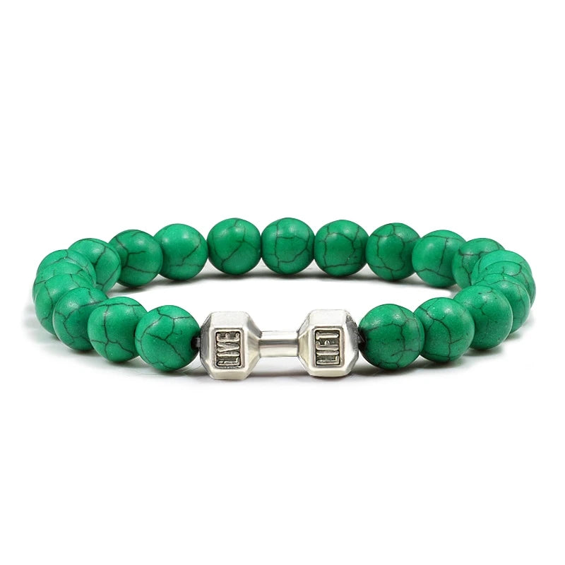 Pulsera de Piedra Volcánica Natural - Diseño Fitness con Charm de Mancuerna
